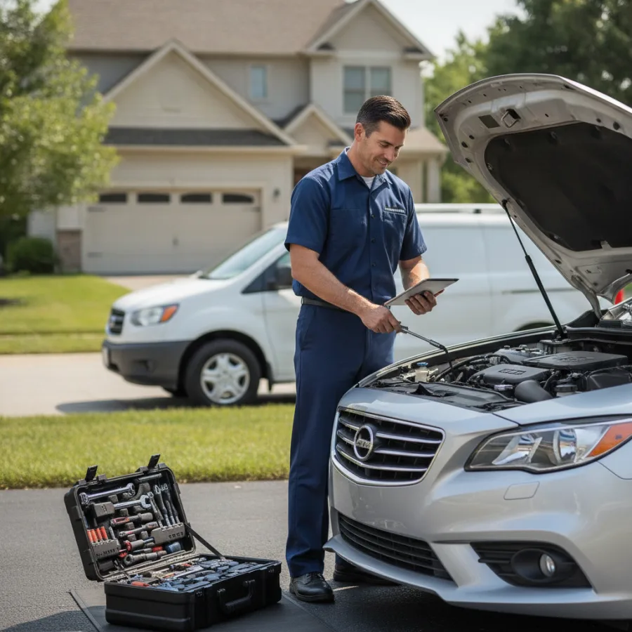 Certified Cruu technician working on a vehicle in a driveway